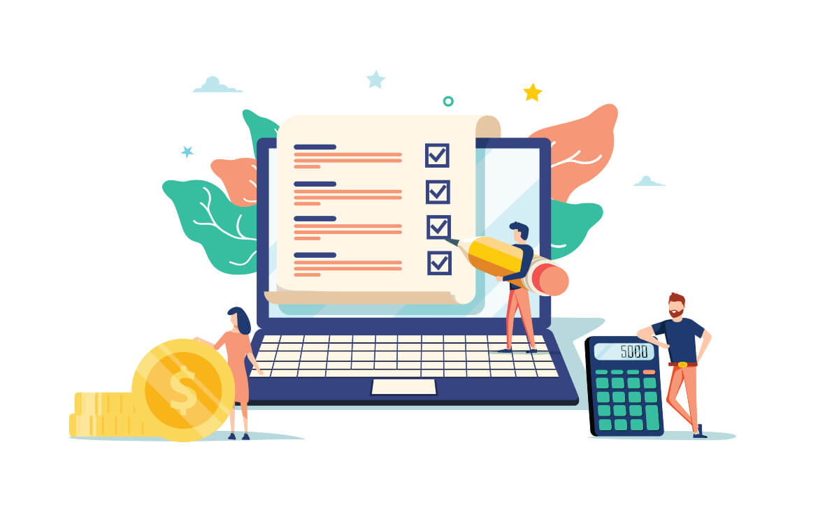 Build up financial security before taking career risks. Graphic of people with giant calculator, coins, and checklist. 