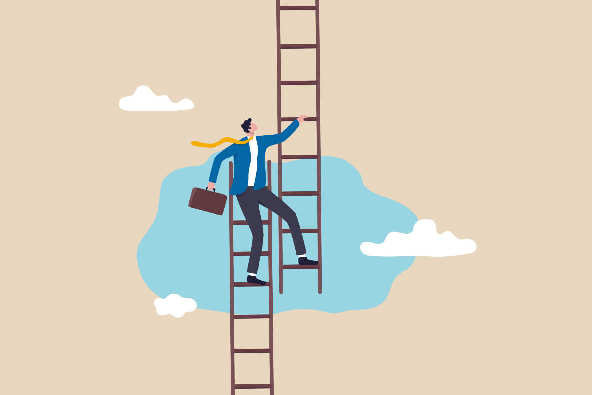 Person in a suit holding a briefcase navigates climbing a ladder and then moving on to a different ladder. 