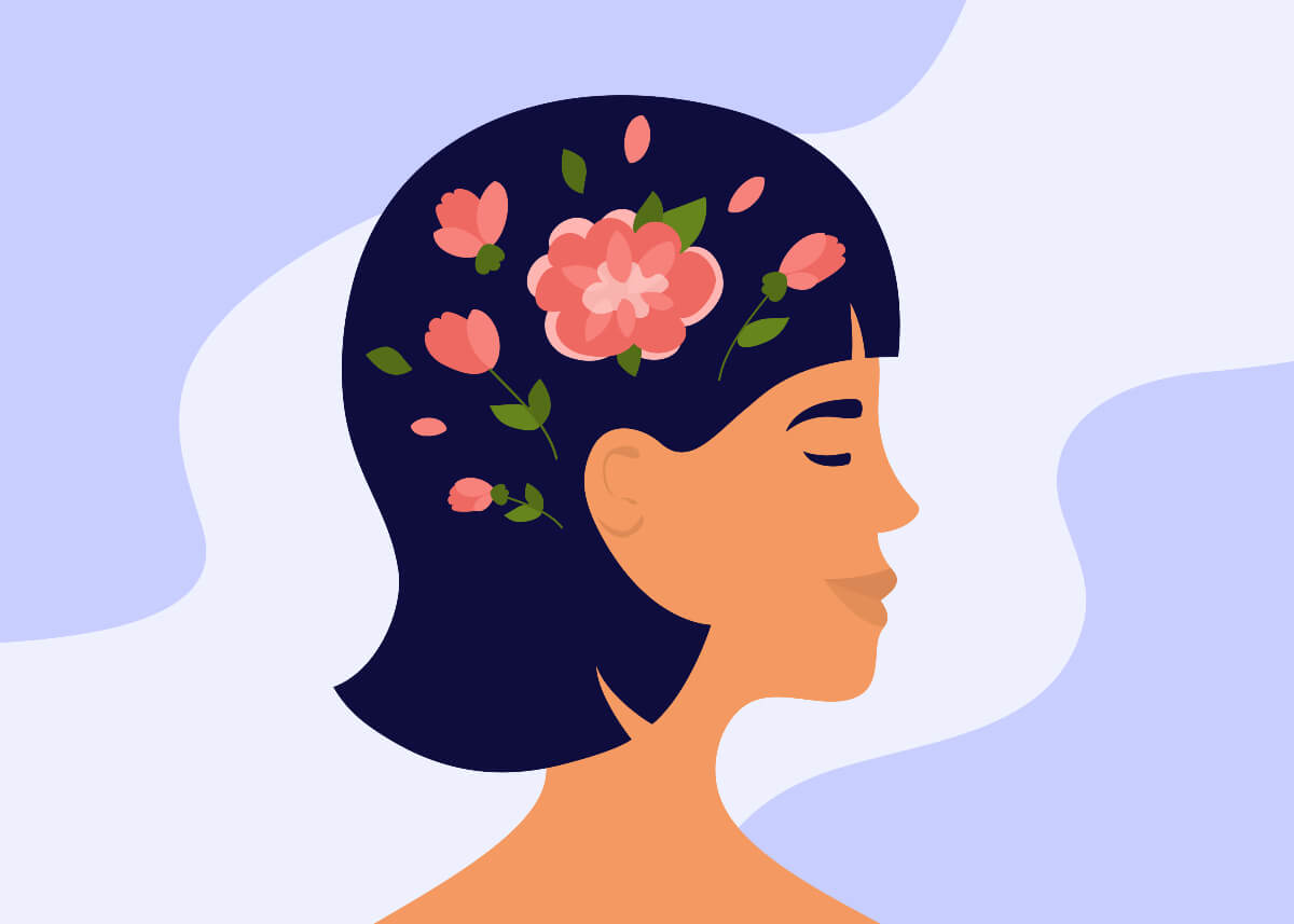 Graphic of smiling woman with flowers on her mind