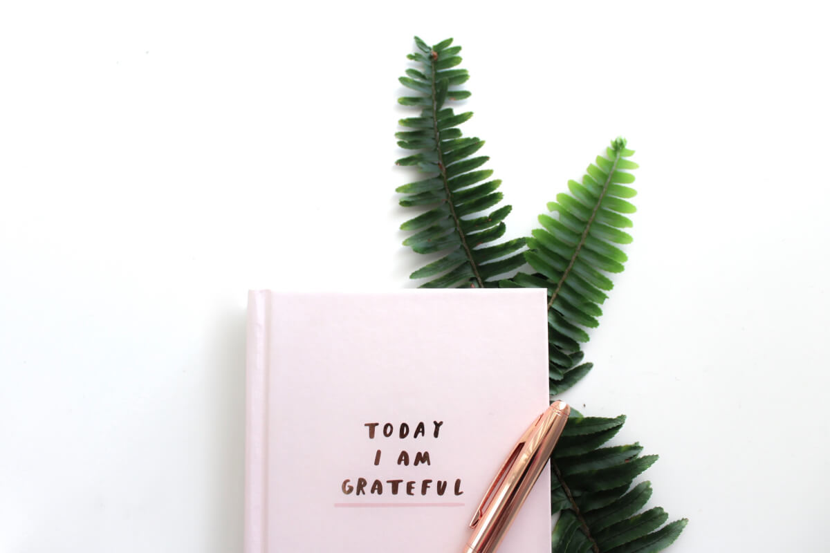 White journal book with "Today I am grateful" printed on the cover. Writing about things you are thankful for is a great way to practice gratitude. 