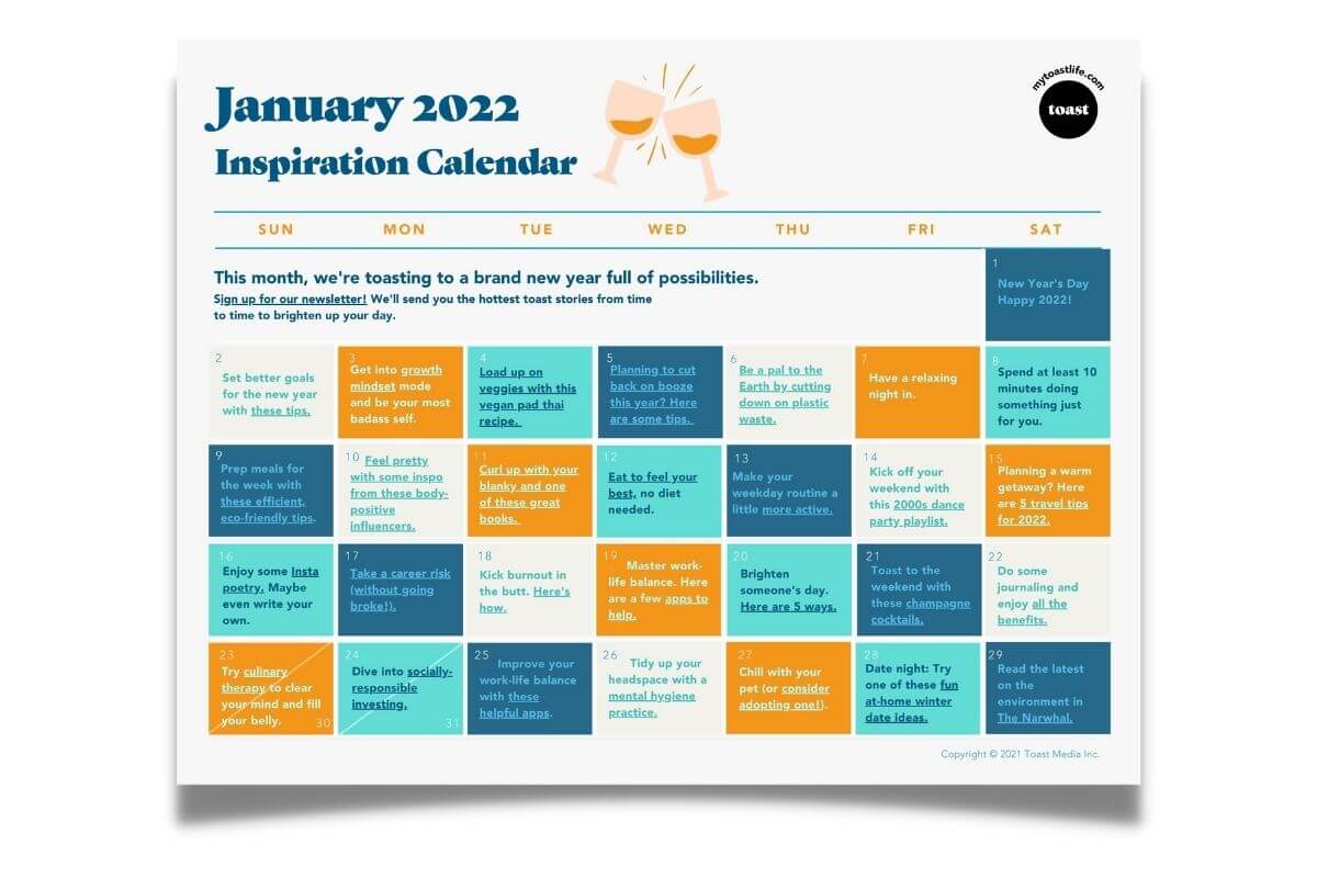 Toast's January Inspiration Calendar with fun, positive, and inspiring tasks to brighten your days