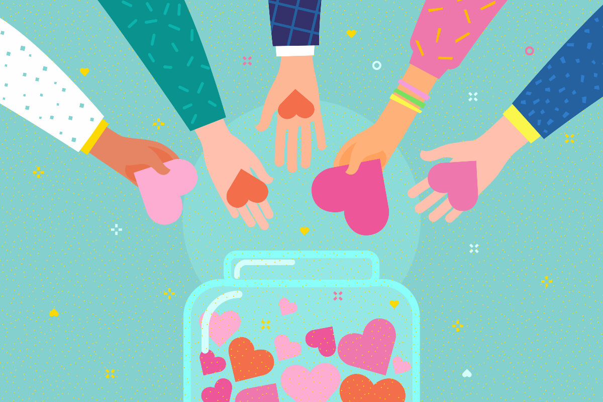 Hands putting hearts into a jar