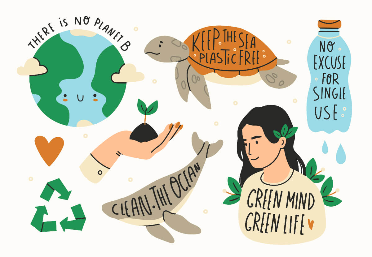 Eco-friendly messages to help reduce plastic waste, including: "Clean the ocean," and "No excuse for single use"