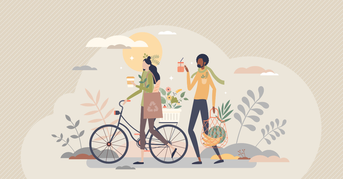 Two people walking and biking while carrying reusable beverage containers and shopping bags - great ways to reduce plastic waste!> 
