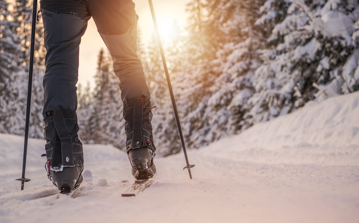 Cross Country Skiing Winter Sport Concept. Ski and Legs Closeup