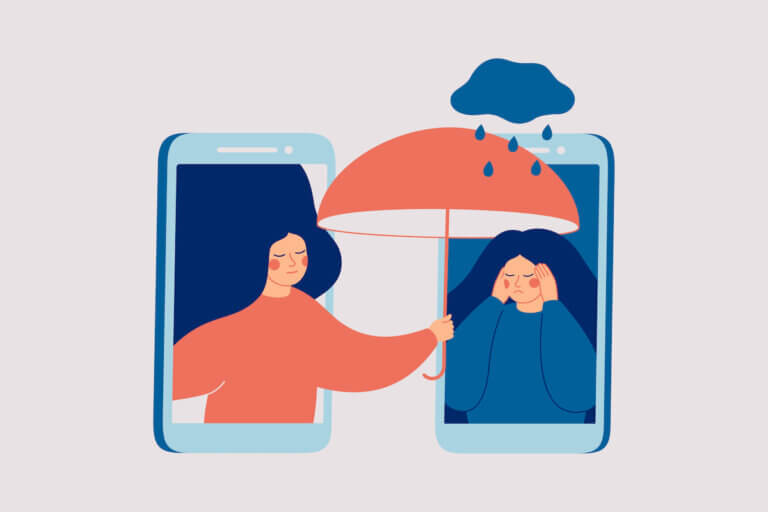 Illustration of girl comforts her sad friend over the phone. Woman consoles and cares about girl with psychological problems. Concept of support and aid for people under stress and depression over online services.