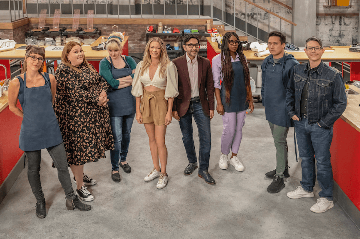 Left to Right: Contestant Marisa Ware, host Chrissy Metz, contestant Janna Willoughby-Lohr, judges Leann Rimes and Mark Montero, contestants Bolange and Boice Wong and guest judge Michael Velliquese, as seen on, Meet Your Makers Showdown. Photo courtesy of discovery+. 
