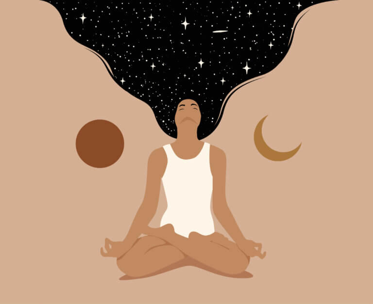 Graphic of a person sitting in the lotus position with the sun and moon on either side of them and their black hair sprinkled with stars flowing up into the sky