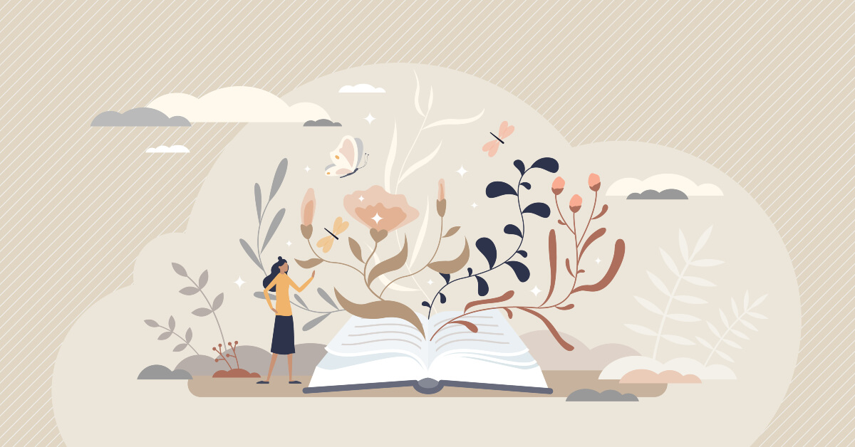Neutral-toned graphic of a person standing next to a giant book with flowers growing out of it.