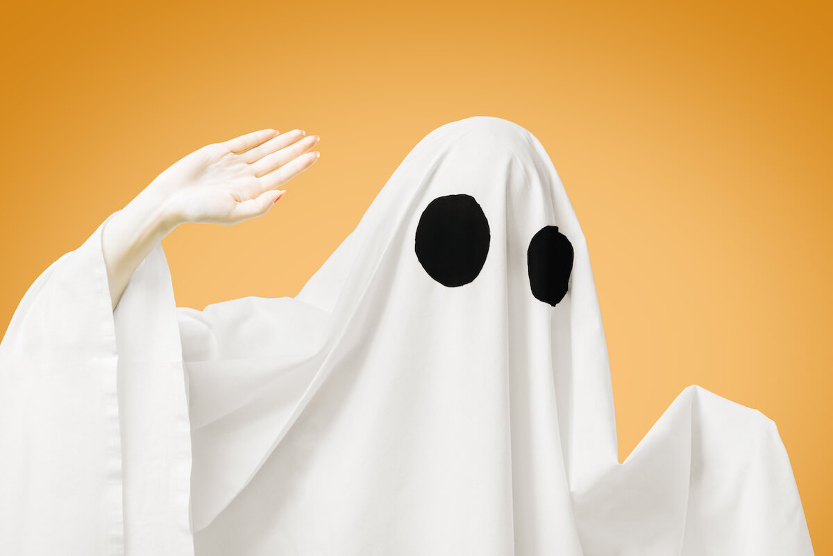 Halloween cute white ghost with black eyes wave his hand on orange background.