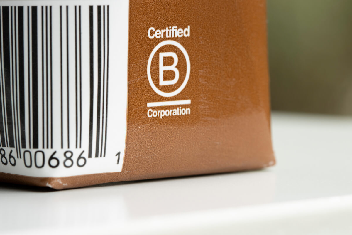 B Corporation label on a bottle of Stumptown cold brew coffee. B Corp is a private certification of for-profit companies of their social and environment performance.