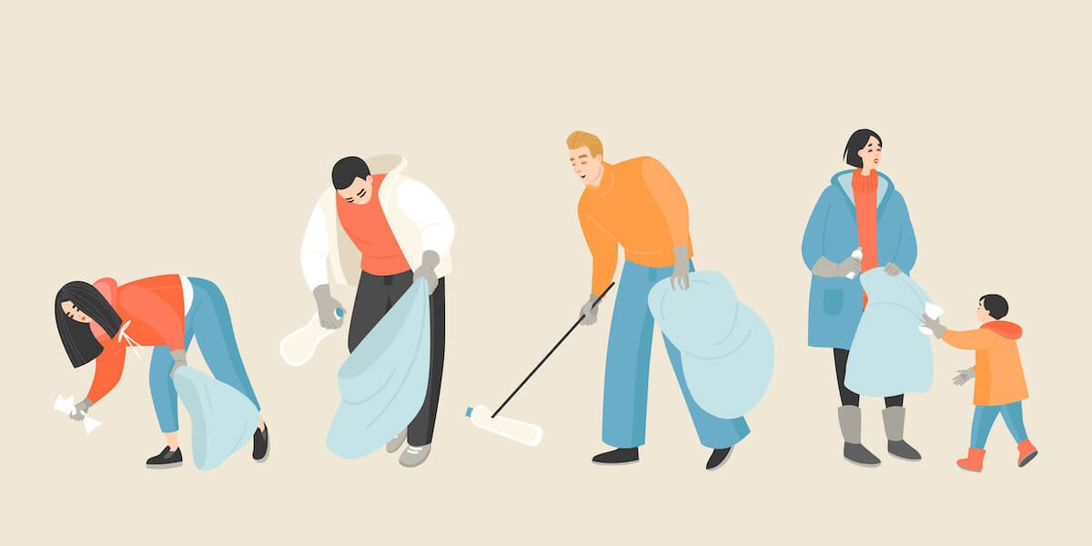 Set of vector illustration of people picking up trash. Young women, men and little girl with packages clean the area. Environmental protection