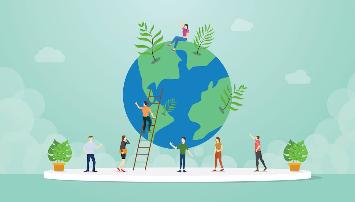 ecology world environment concept with people and world tree growth with modern flat style - vector