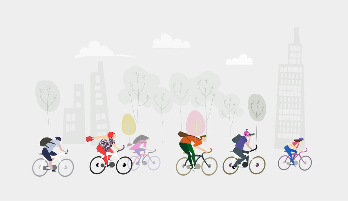 City people riding bikes. Eco environmental illustration, healthy life style