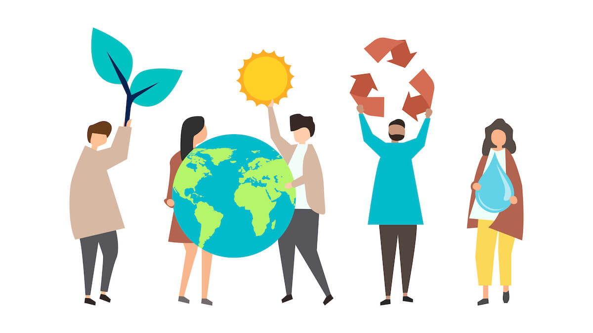 Illustration of a group of people holding elements of sustainability & eco-friendly concepts