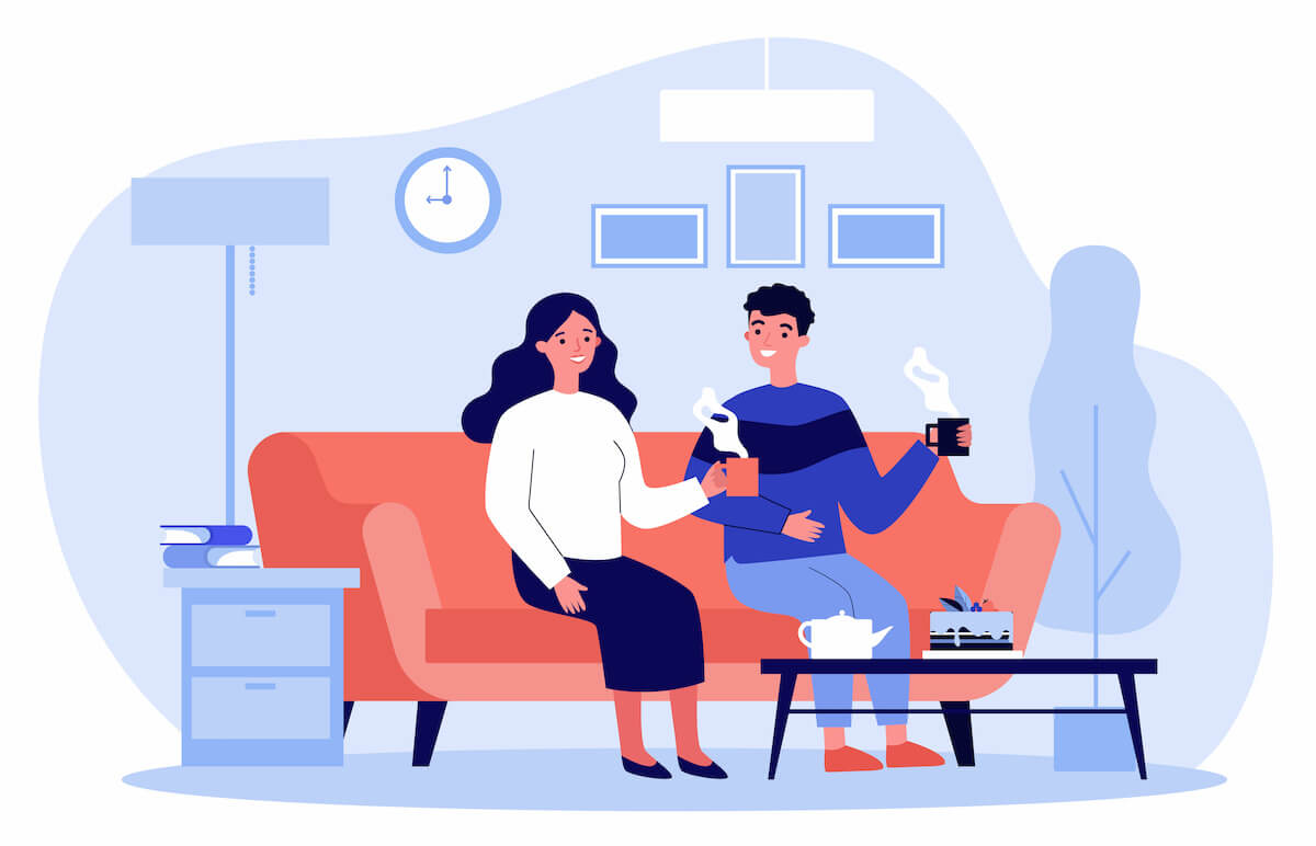 Couple in love sitting together at sofa with cups of coffee and talking flat illustration. Man and woman living in apartment Romantic relations and home concept