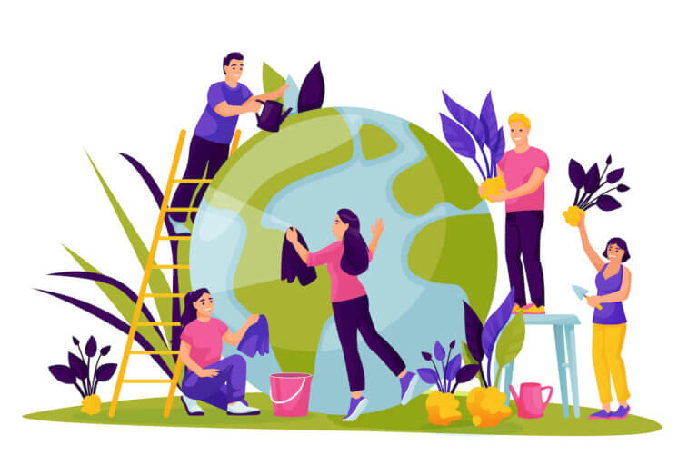 People take care of planet. Vector illustration for Save the Earth Day. Environment, ecology, nature protection concept