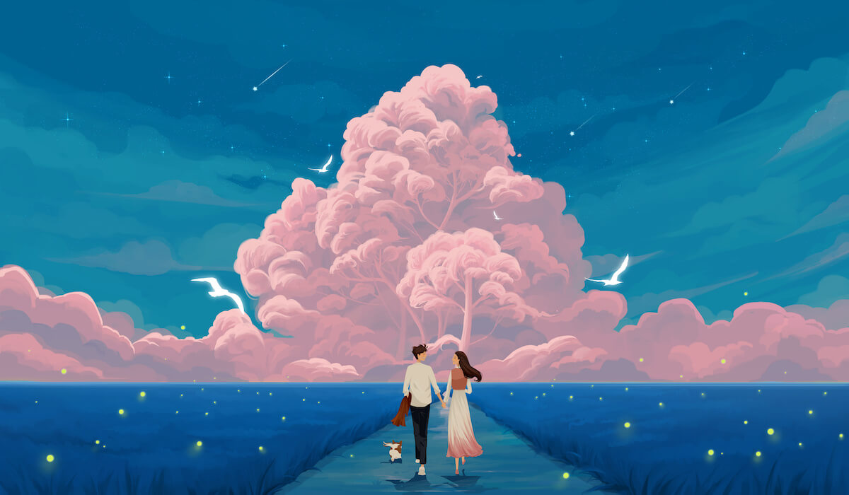 Illustration of a couple walking holding hands