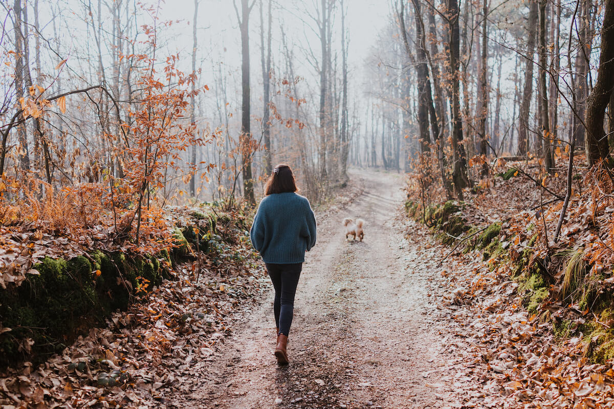 Woman walking in forest with her dog