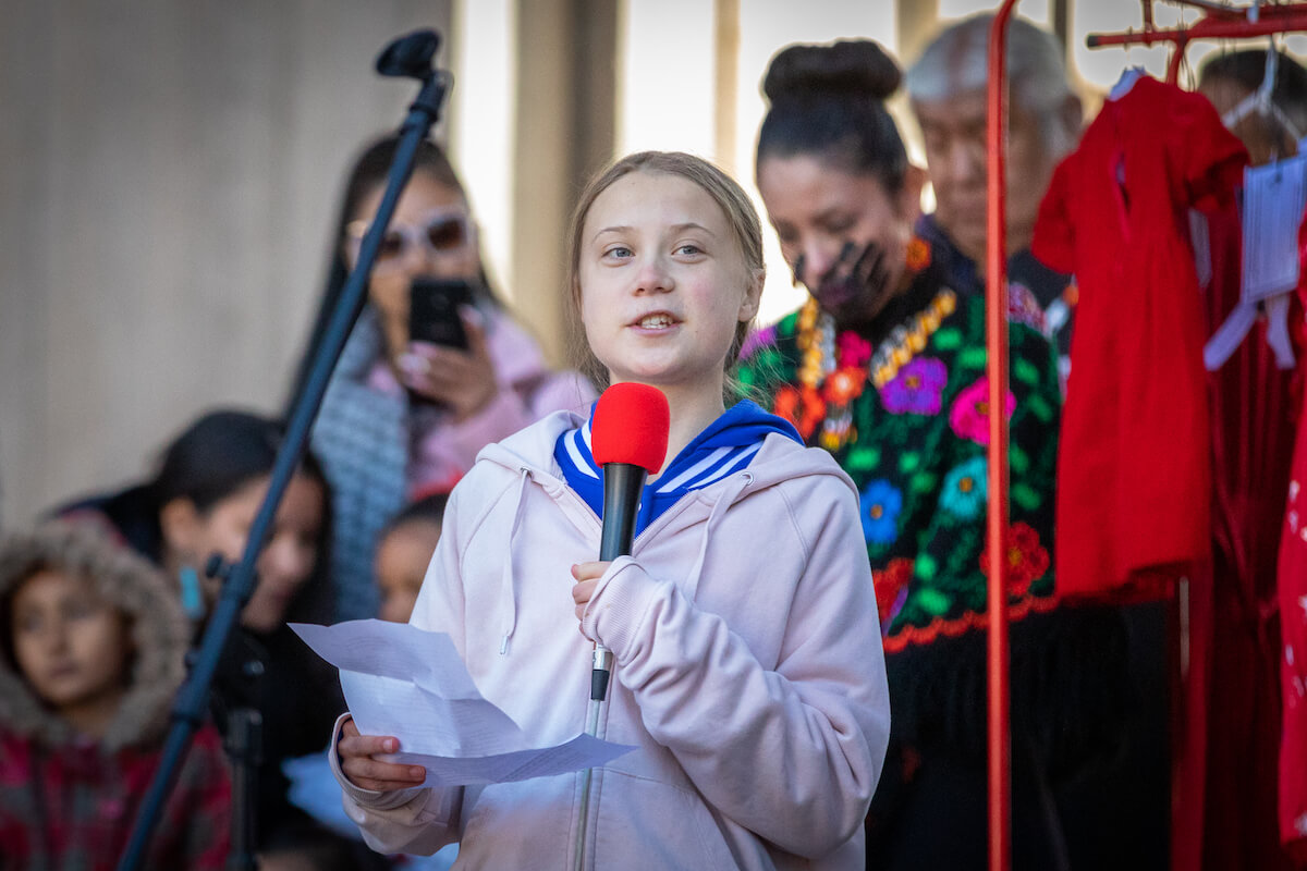 Greta Thunberg addresses climate strikers at Civic Center Park in Denver.