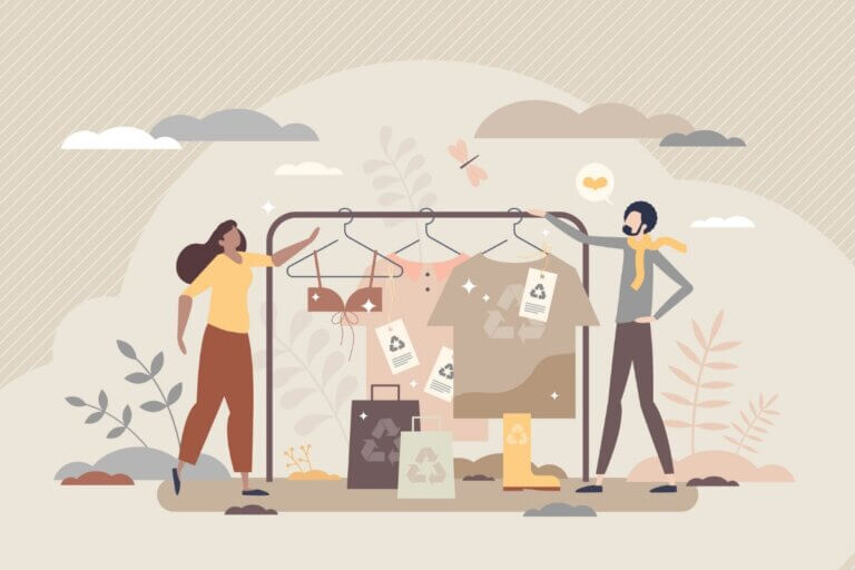 Illustration of two people managing clothing rack.