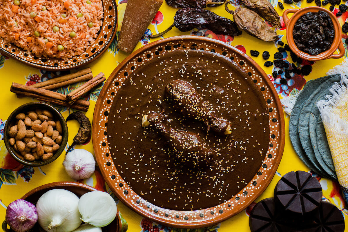 Mole Mexicano, Poblano mole ingredients, mexican spicy food traditional in Mexico.