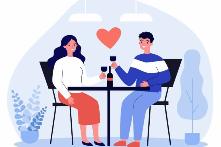 Illustration of couple having a date drinking wine