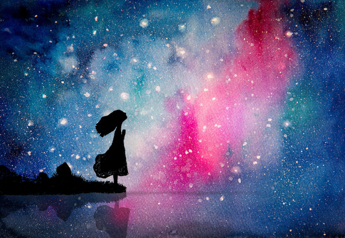 Watercolor painting of girl pray to star for peaceful and hope in the dark night