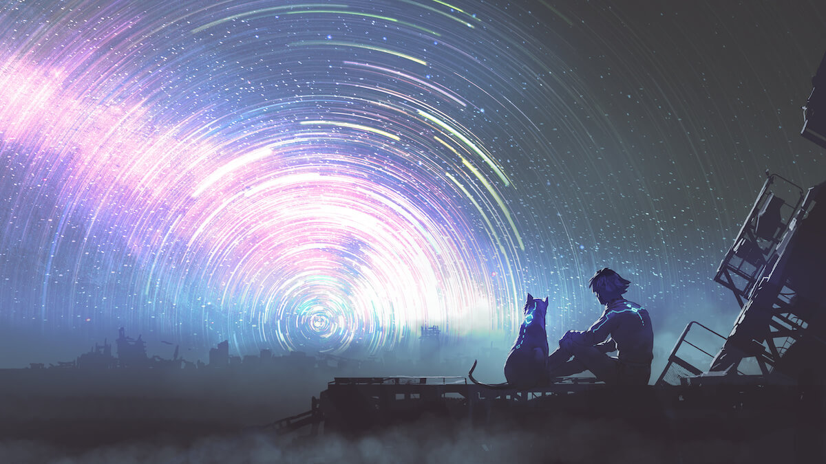 Man and his pet in futuristic suit siting and looking at the star trail in the sky, digital art style, illustration painting