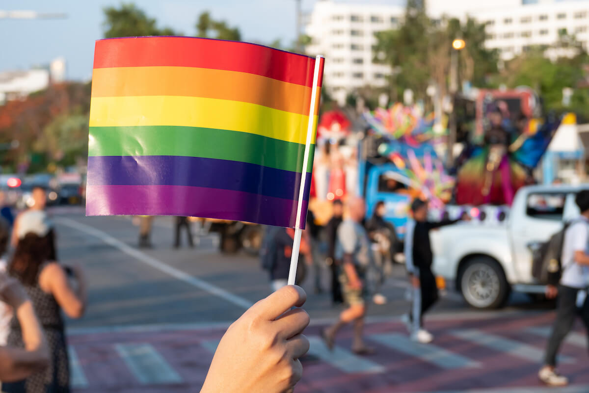 A spectator waves a gay rainbow flag at LGBT gay pride parade festival