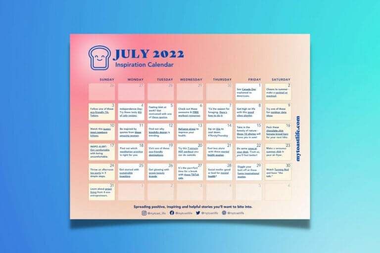 July Inspiration Calendar in an orange gradient over a blue gradient background
