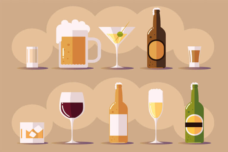 set icons with wine champagne beer botlles, cups with drinks