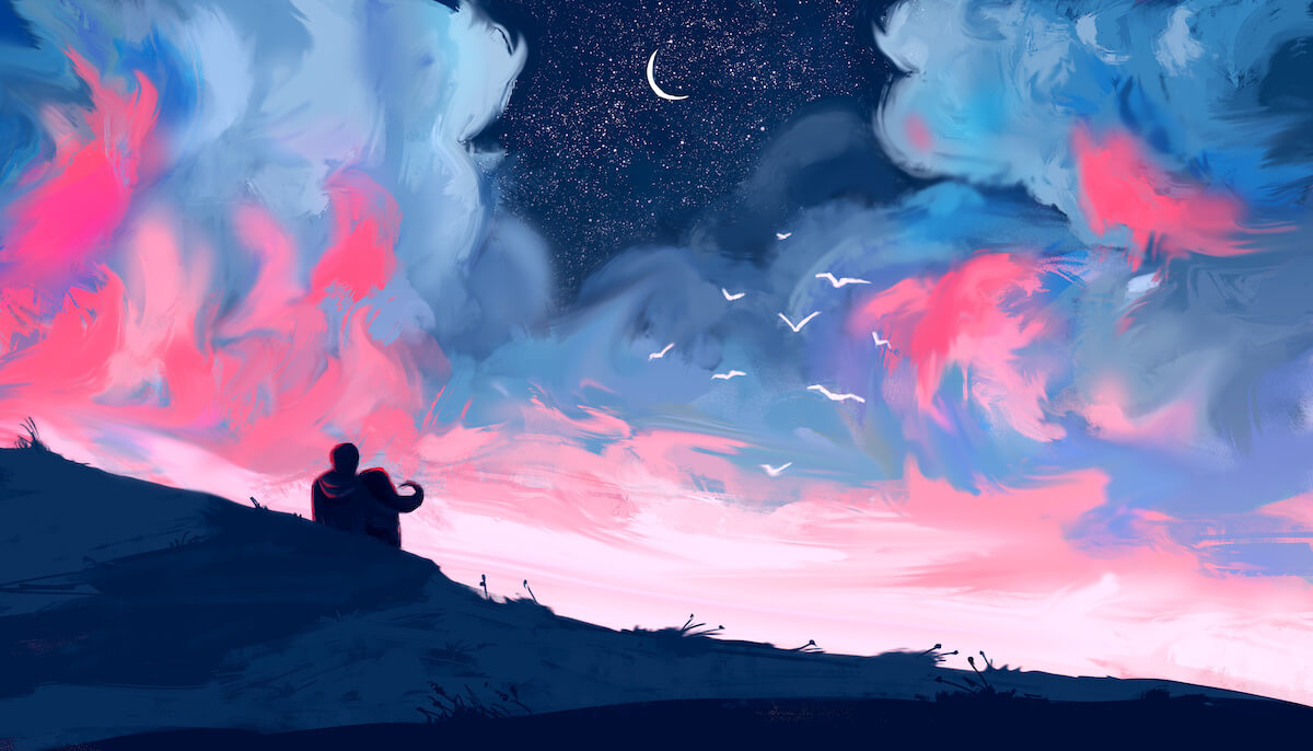 Digital art of loving couple looking at the pink sky