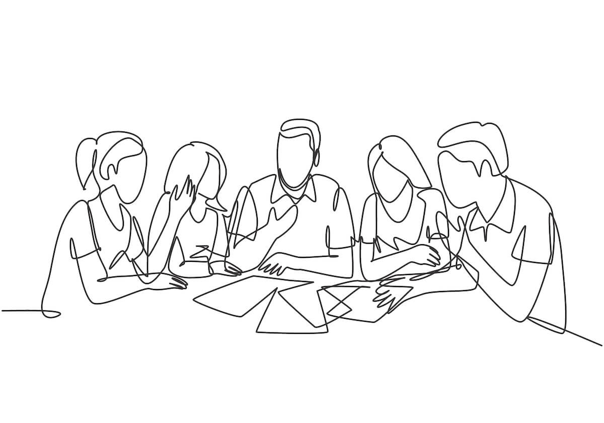 One single line drawing of young startup founders brainstorming innovation ideas in a meeting at the office. 
