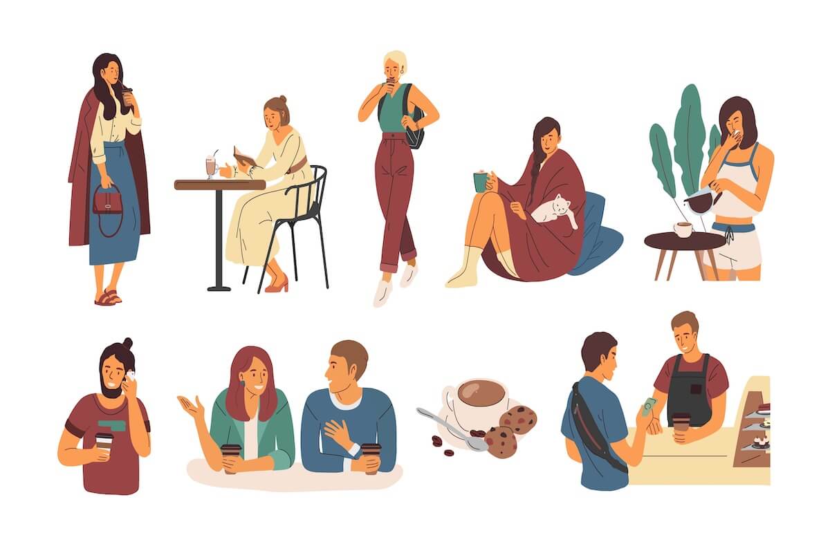 Collection of people with hot beverage isolated on white background. Set of cute men and women walking, sitting at cafe table or at home and drinking coffee. Flat cartoon colorful vector illustration.