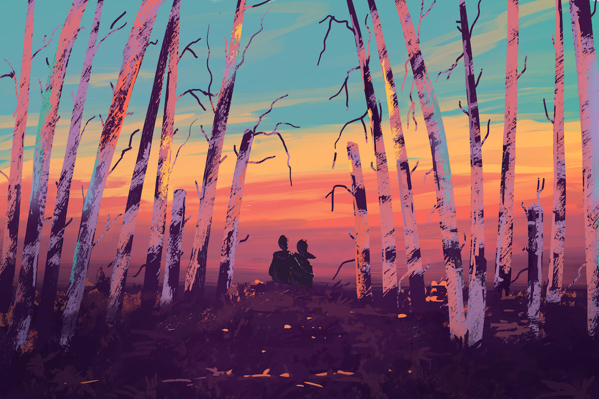 Digital art of loving couple sitting in the woods. Fantastic landscape with sunset.