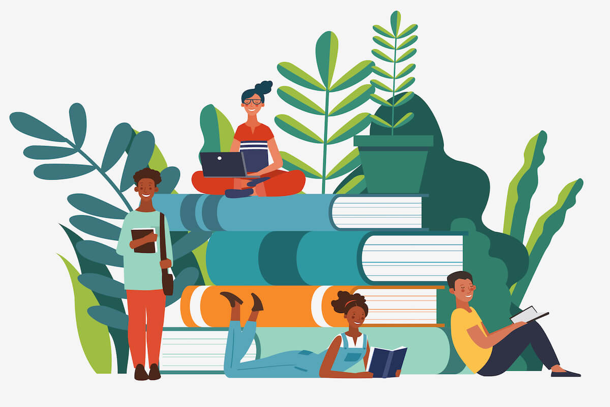 Illustration of people reading books on sustainability