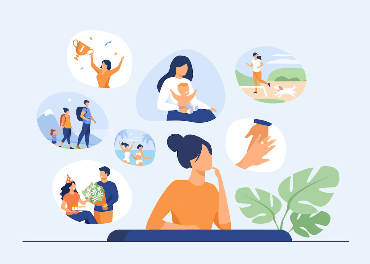 Vector illustration of woman thinking over positive important moments of life experience, child birth, engagement, vacation.