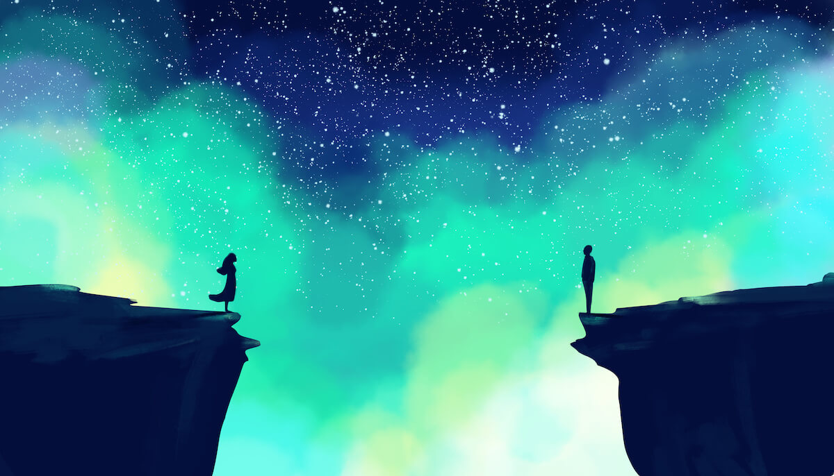 Digital art of a man and a woman stand on the rocks, opposite each other