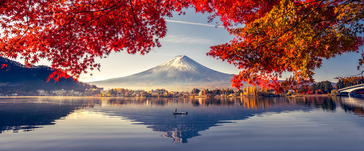 Colorful Autumn Season and Mountain Fuji with morning fog and red leaves at lake Kawaguchiko is one of the best places in Japan