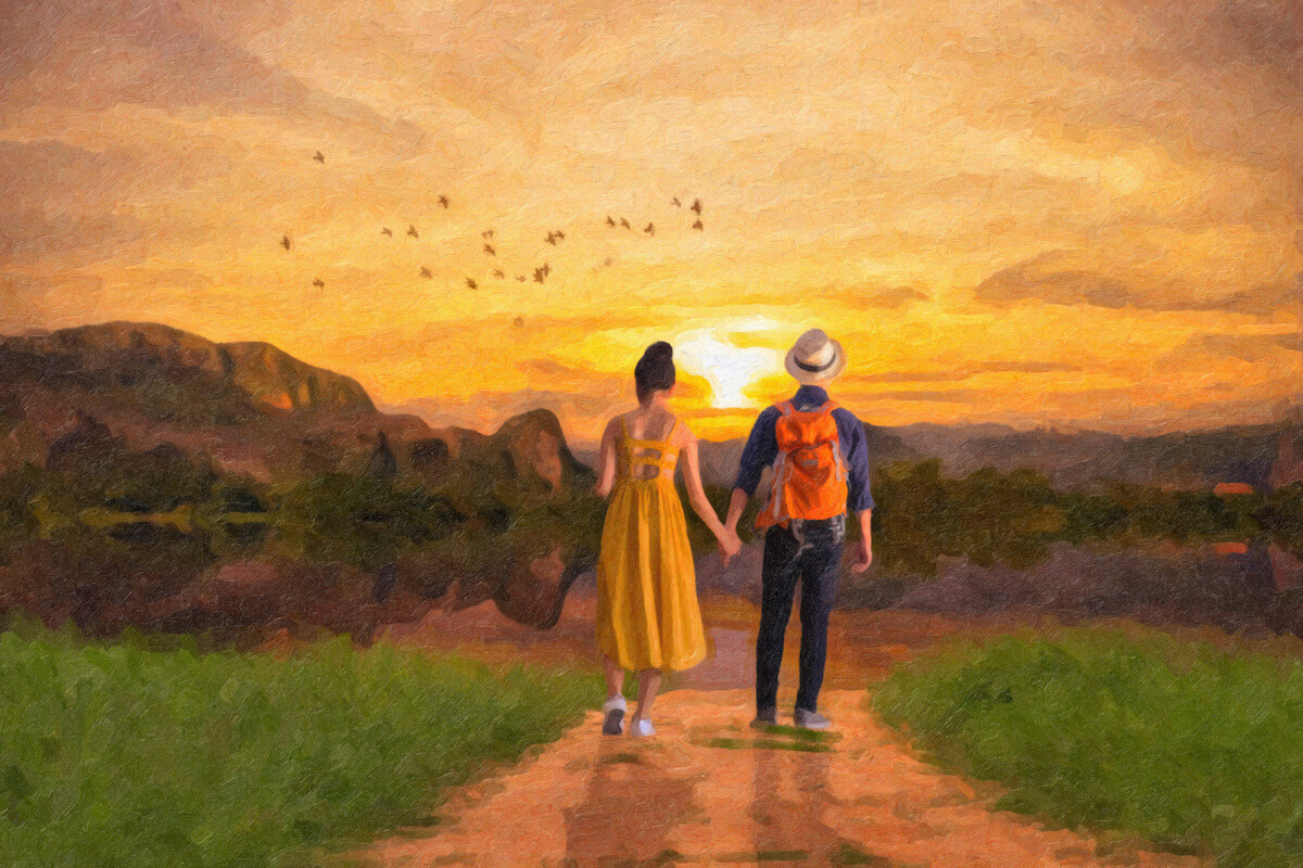 Oil painting of young couple in love holding hand together walking