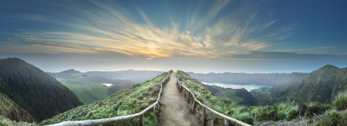 Mountain landscape with hiking trail and view of beautiful lakes Ponta Delgada, Sao Miguel Island, Azores, Portugal.