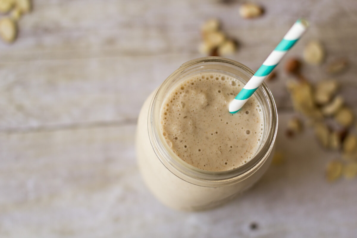 Protein smoothie in a glass jar top view