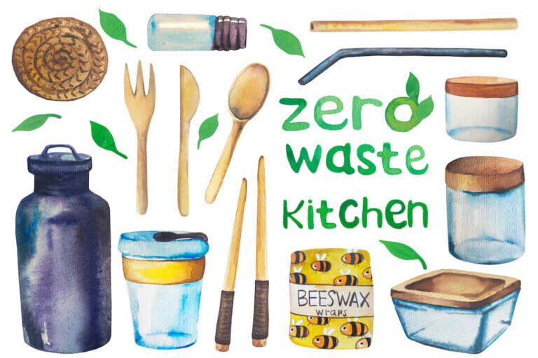 Illustration of kitchen zero waste set concept