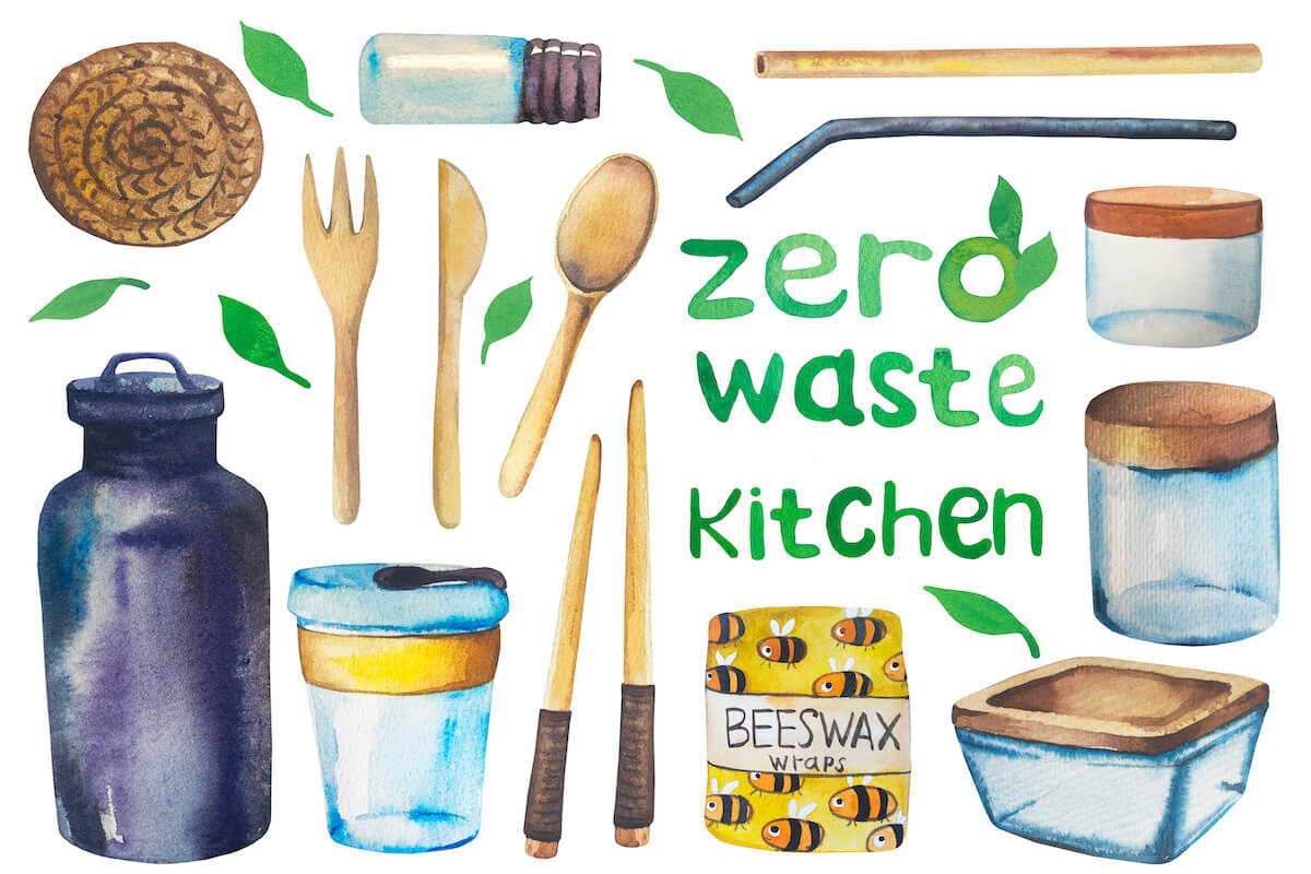 Illustration of kitchen zero waste set concept
