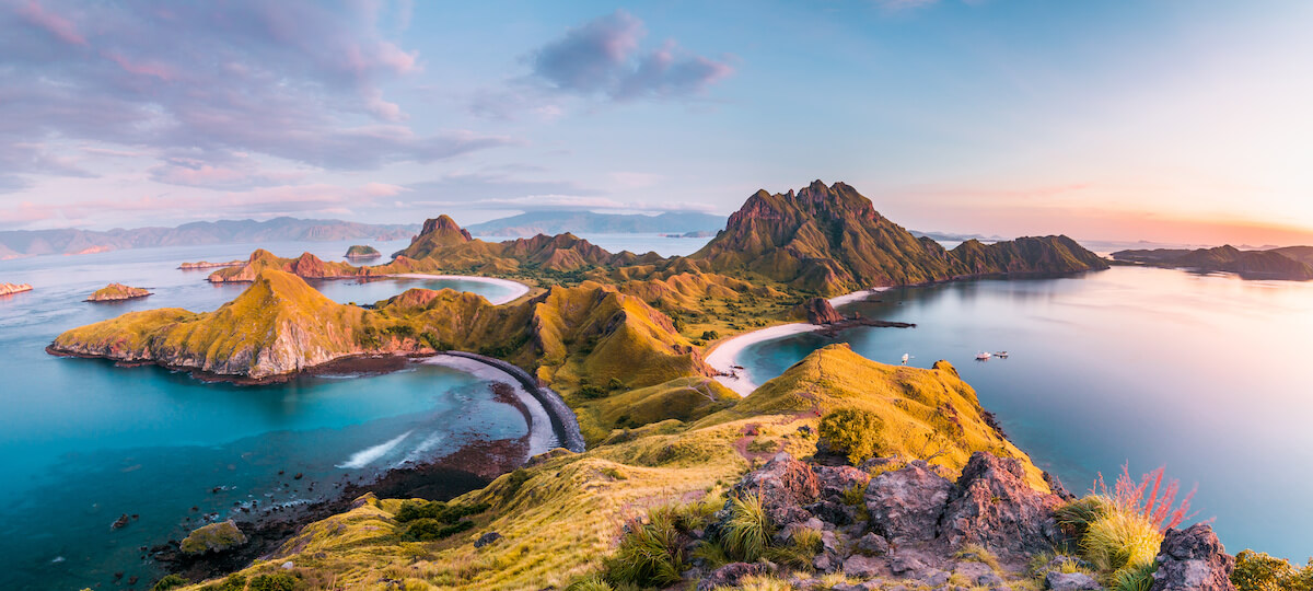 Top view of Padar Island before a morning from Komodo Island (Komodo National Park), Labuan Bajo, Flores, Indonesia