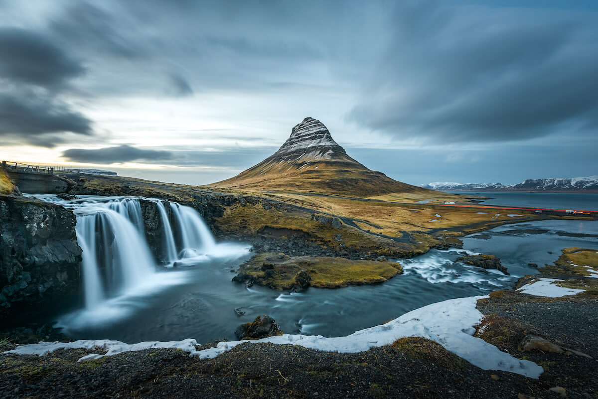 Kirkjufellsfoss, landmark of iceland during late winter