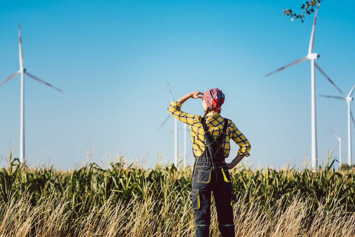 Farmer woman has invested not only in land but also wind energy watching the turbines