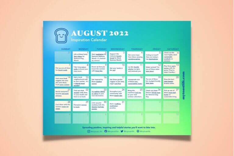 August 2022 Inspiration Calendar with bright blue and green gradient background