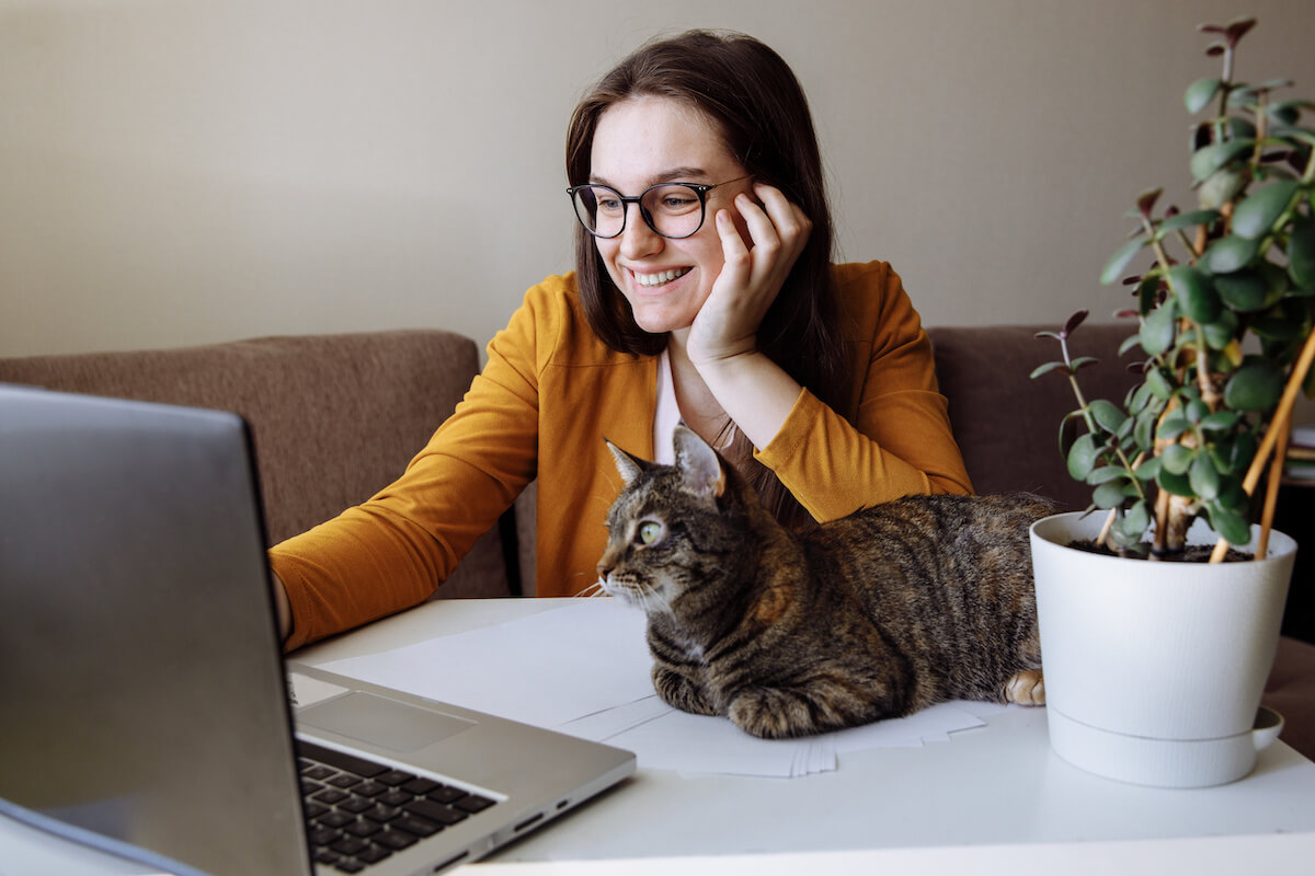 A girl is sitting at the computer and looks at screen and a tabby cat sits next to her and also looks at screen. 
